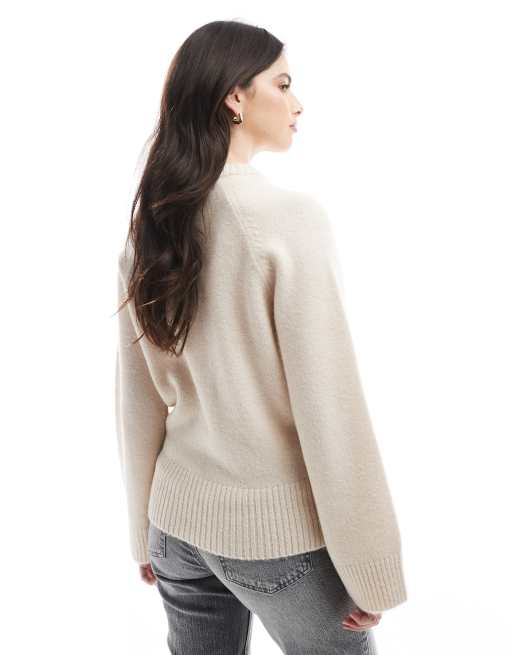 ASOS DESIGN knitted crew neck jumper with raglan sleeve in cream, 3 of 4