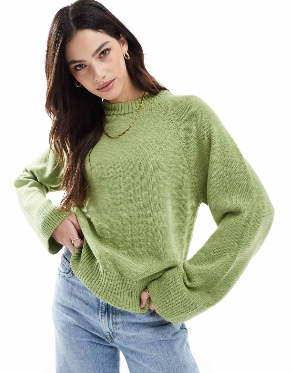 ASOS DESIGN knitted crew neck jumper with raglan sleeve in olive