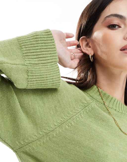 ASOS DESIGN knitted crew neck jumper with raglan sleeve in olive, 3 of 4