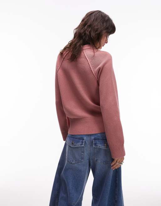 ASOS DESIGN knitted crew neck jumper with raglan sleeve in pink, 2 of 4