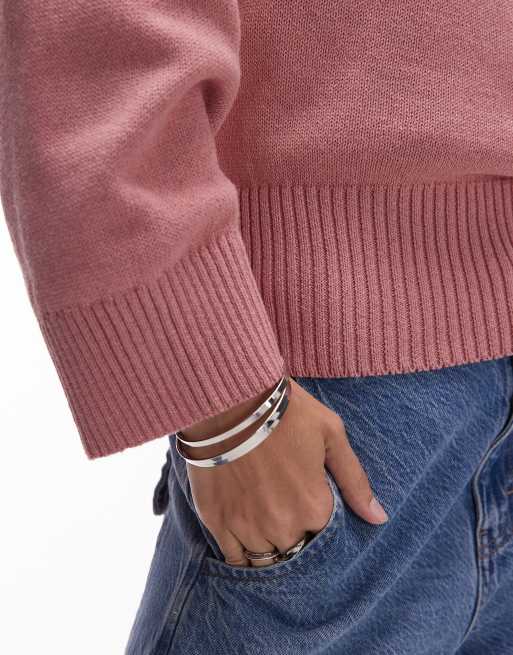 ASOS DESIGN knitted crew neck jumper with raglan sleeve in pink, 3 of 4