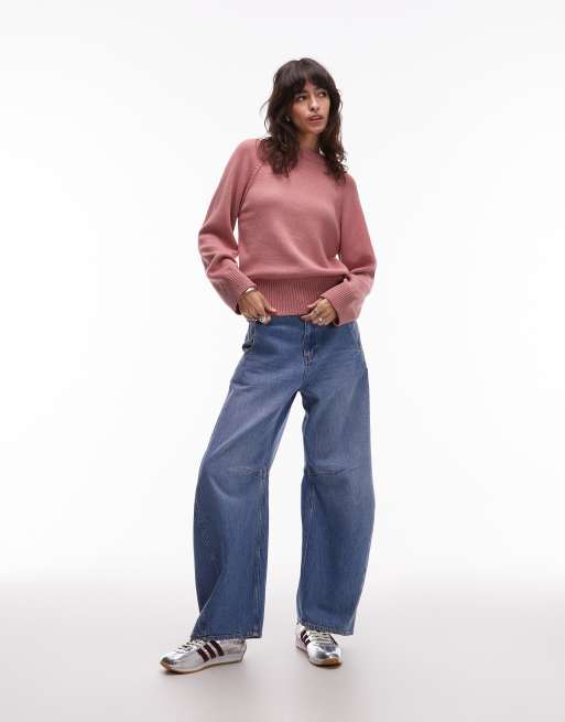 ASOS DESIGN knitted crew neck jumper with raglan sleeve in pink, 4 of 4
