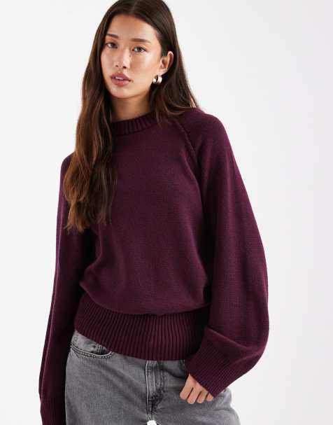 ASOS DESIGN knitted crew neck jumper with raglan sleeve in plum - view 1