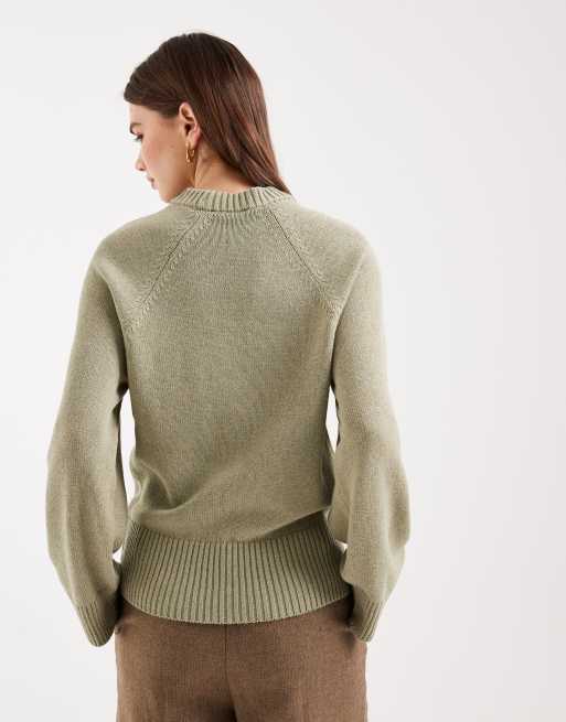 ASOS DESIGN knitted crew neck jumper with raglan sleeve in sage green, 4 of 4