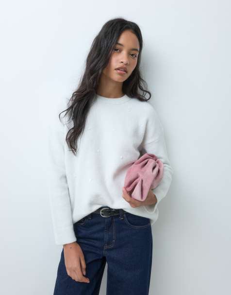 ASOS DESIGN knitted crew neck jumper with sequin detail in cream - view 1