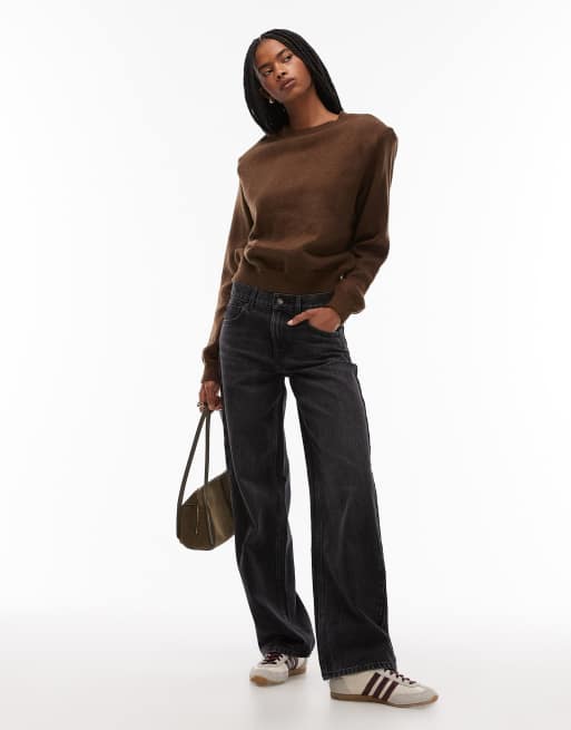 ASOS DESIGN knitted crew neck jumper with shoulder pads in brown