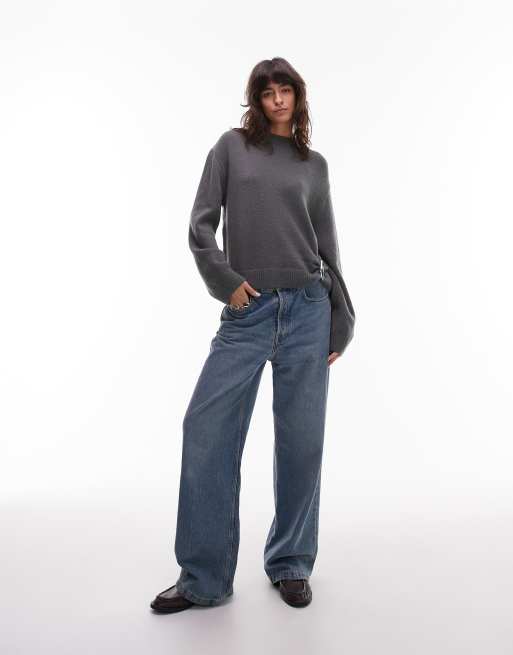 ASOS DESIGN knitted crew neck jumper with silver metal detail in charcoal