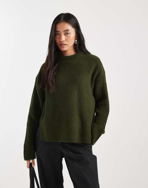 ASOS DESIGN knitted crew neck jumper with step hem in khaki - view 1