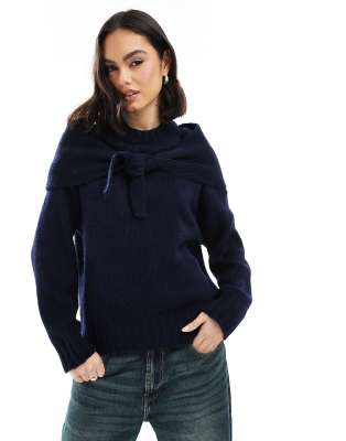 Shop ASOS DESIGN knitted crew neck jumper with tie scarf detail in Online – Trendy & Affordable Fashion