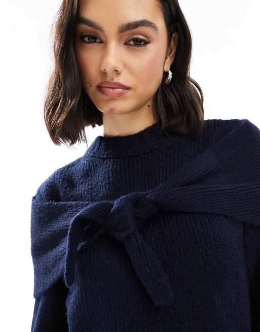 ASOS DESIGN knitted crew neck jumper with tie scarf detail in navy, 2 of 4