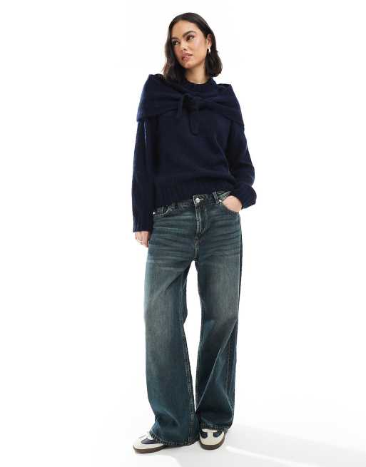 ASOS DESIGN knitted crew neck jumper with tie scarf detail in navy, 4 of 4