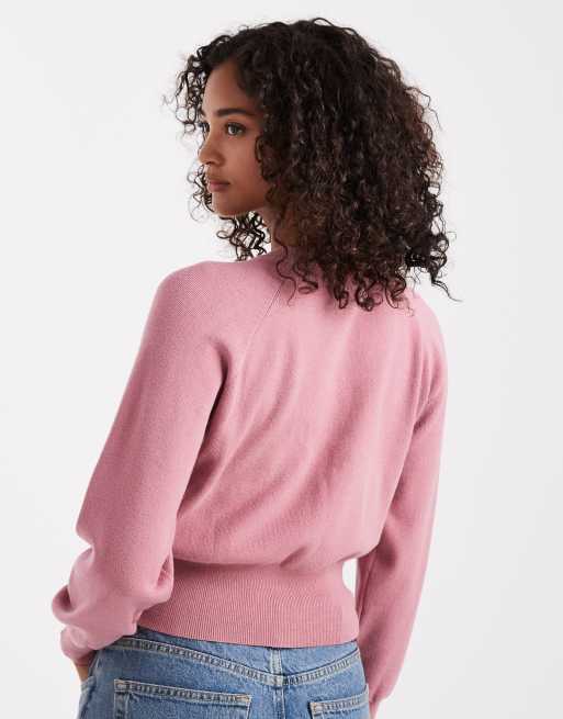 ASOS DESIGN knitted crew neck jumper with waisted detail in dusty pink, 4 of 4