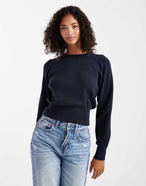 ASOS DESIGN knitted crew neck jumper with waisted detail in navy - view 1