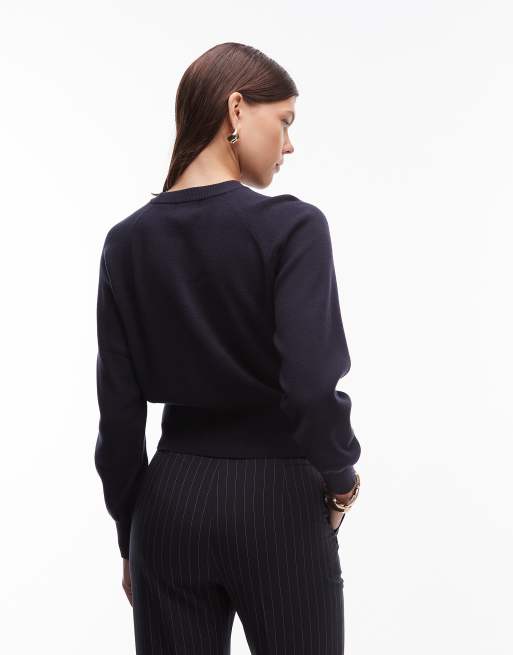 ASOS DESIGN knitted crew neck jumper with waisted detail in navy, 4 of 4