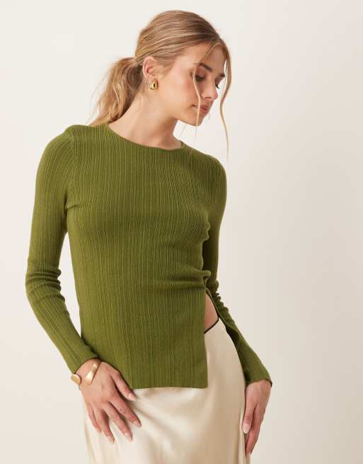 ASOS DESIGN knitted crew neck longline top with button detail in khaki