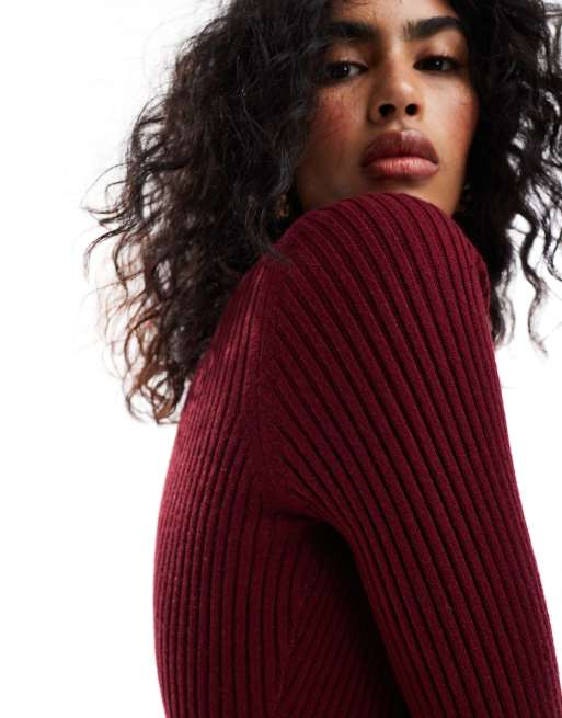 ASOS DESIGN knitted crew neck maxi dress in rib in burgundy | ASOS