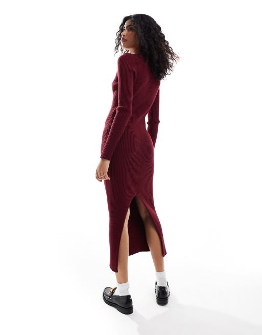 ASOS DESIGN knitted crew neck maxi dress in rib in burgundy | ASOS