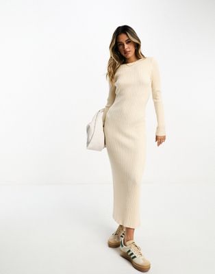 Asos Design Knitted Crew Neck Maxi Dress In Rib In Cream-white