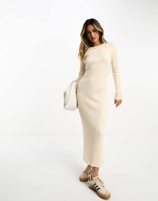 ASOS DESIGN knitted crew neck maxi dress in rib in cream