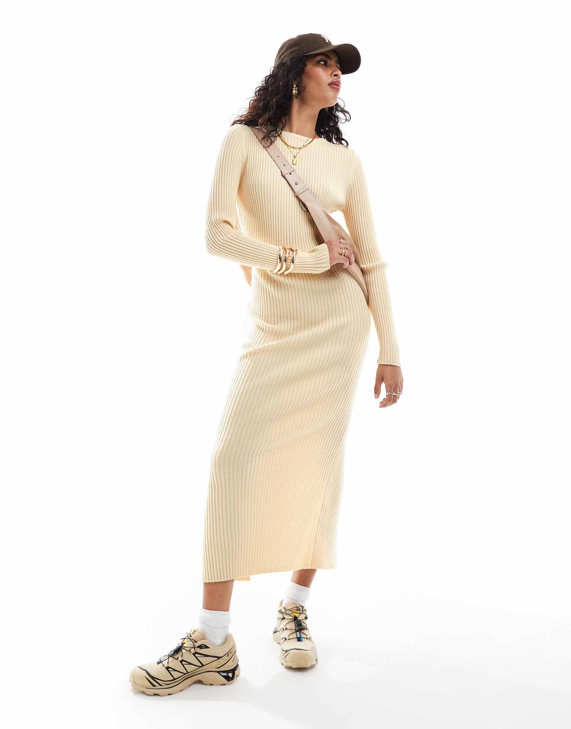 asos design knitted crew neck maxi dress in rib in cream