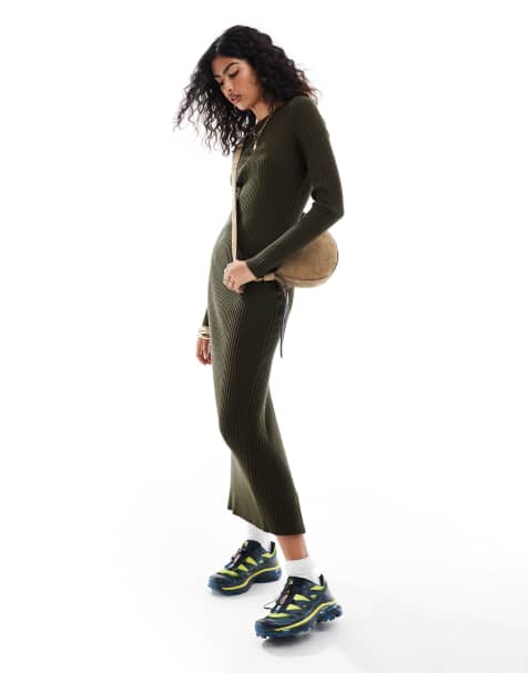 ASOS DESIGN knitted crew neck maxi dress in rib in khaki - view 1