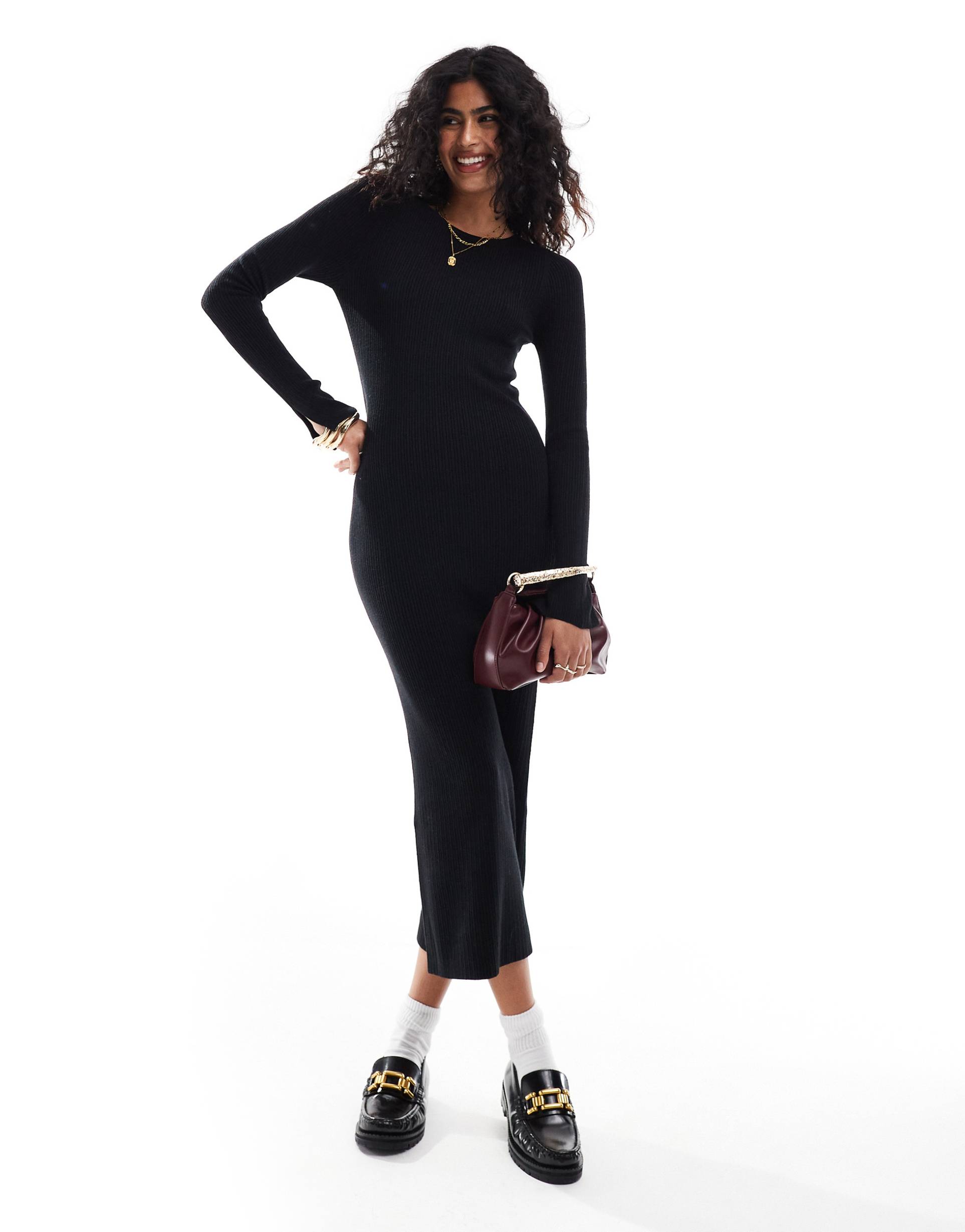 asos design knitted crew neck maxi dress with cuff splits in black -