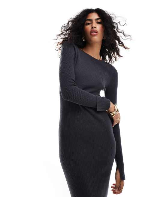 ASOS DESIGN knitted crew neck maxi dress with cuff splits in charcoal | ASOS