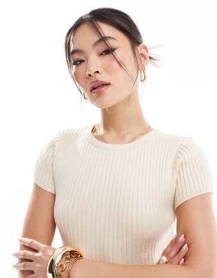 asos design bow front rib midaxi dress in cream ASOS DESIGN knitted crew neck midaxi dress in rib in cream