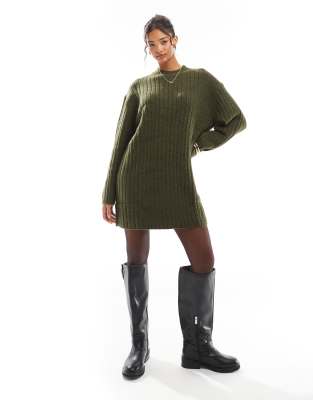 ASOS DESIGN knitted crew neck mini dress in wide rib in khaki-Green