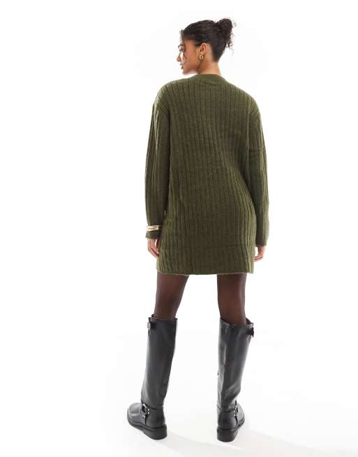ASOS DESIGN knitted crew neck mini dress in wide rib in khaki