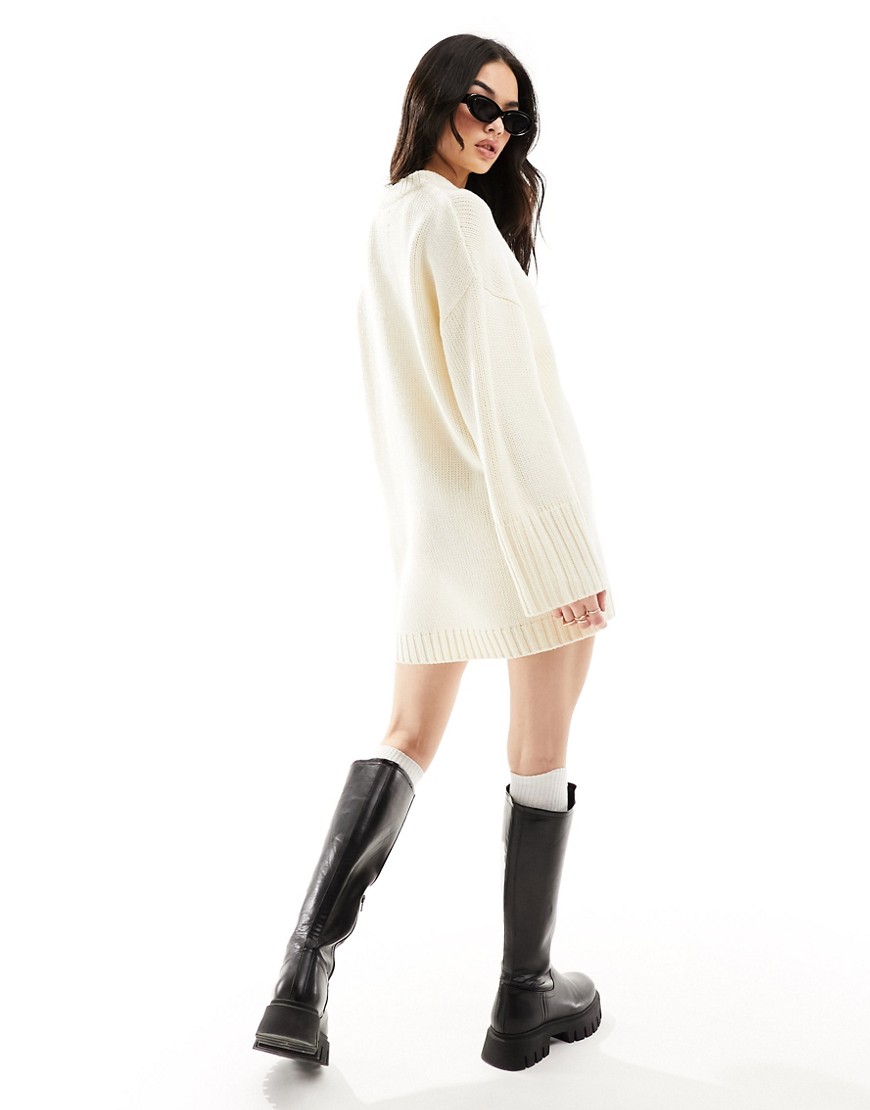 ASOS DESIGN knitted crew neck mini dress with wide sleeve and rib hem in cream-White