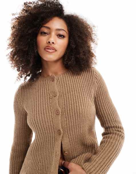 ASOS DESIGN knitted crew neck peplum cardigan in dark taupe - view 1