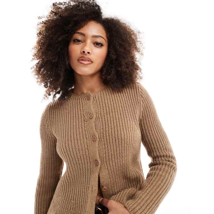 ASOS DESIGN knitted crew neck peplum cardigan in dark taupe | ASOS