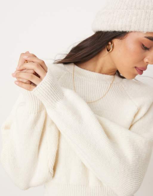 ASOS DESIGN knitted crew neck raglan jumper in cream ASOS