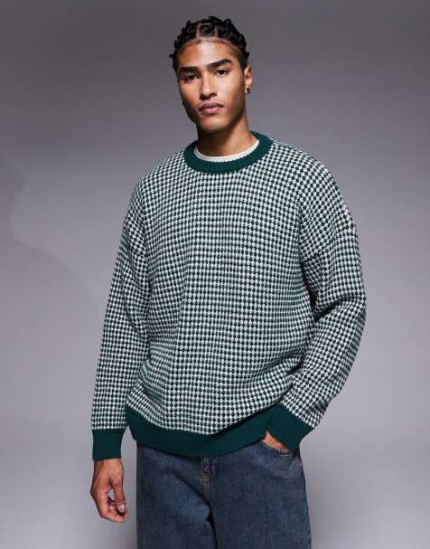 ASOS DESIGN knitted crew neck stripe jumper in green