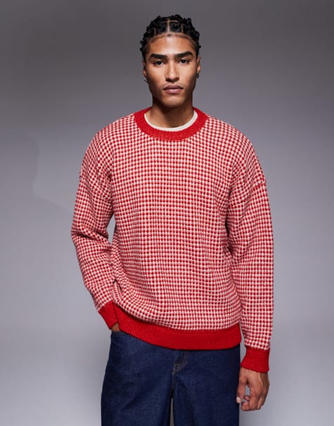 ASOS DESIGN knitted crew neck stripe jumper in red - view 1