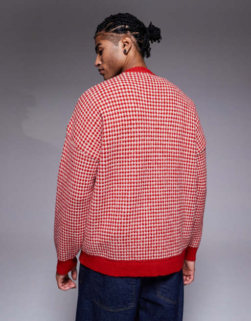 ASOS DESIGN knitted crew neck stripe jumper in red, 3 of 5