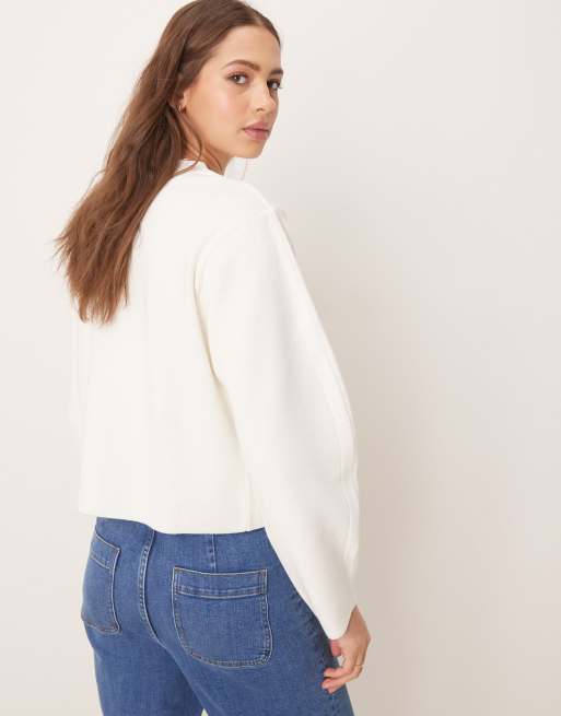 ASOS DESIGN knitted crew neck structured compact cardigan with pocket detail in cream, 3 of 4