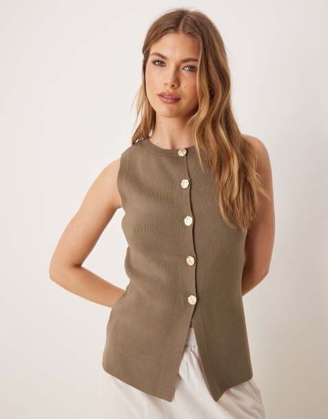 ASOS DESIGN knitted crew neck structured vest with gold buttons in mocha - view 1