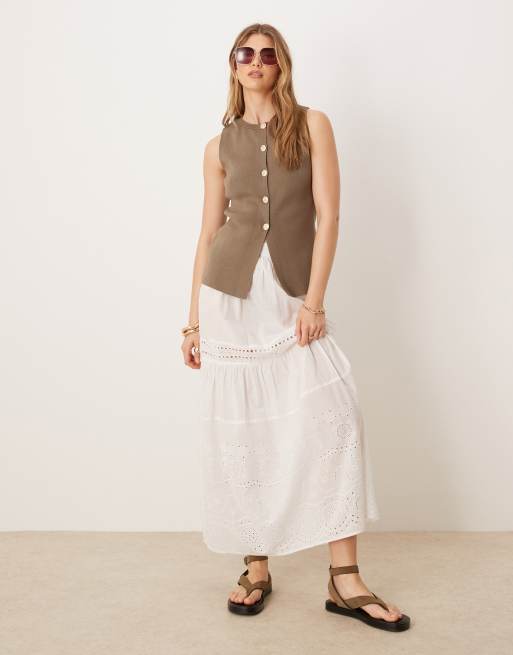 ASOS DESIGN knitted crew neck structured vest with gold buttons in mocha