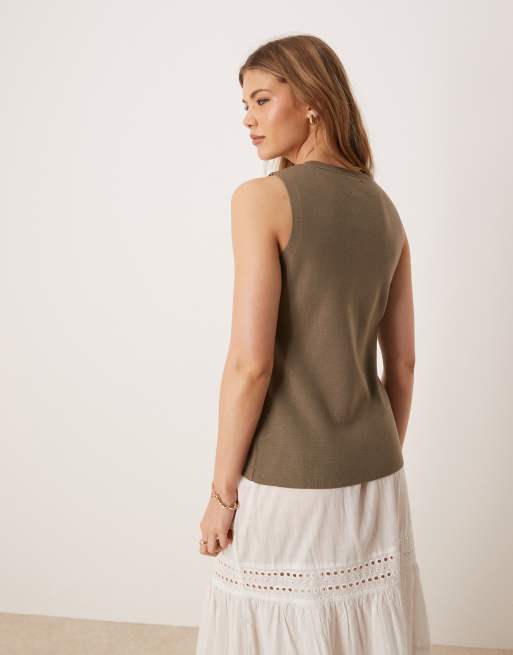 ASOS DESIGN knitted crew neck structured vest with gold buttons in mocha