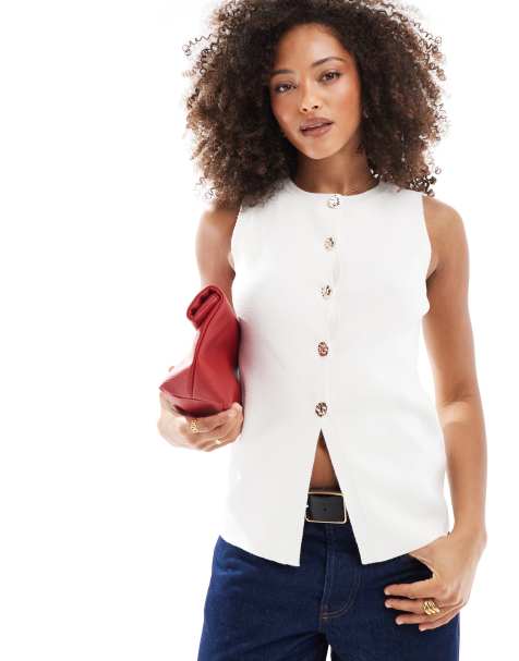 ASOS DESIGN knitted crew neck structured waistcoat with gold buttons in cream - view 1