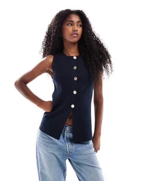 ASOS DESIGN knitted crew neck structured waistcoat with gold buttons in navy - view 1