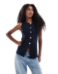 [ASOS DESIGN] ASOS DESIGN knitted crew neck structured waistcoat with gold buttons in navy S Navy