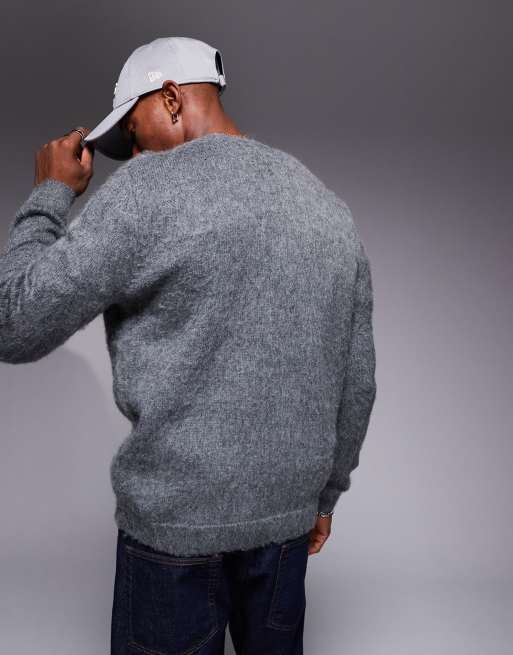 ASOS DESIGN knitted crew neck sweater with argyle pattern in gray ASOS