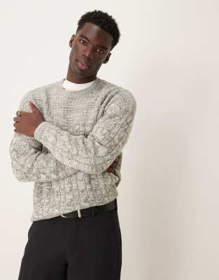 knitted crew neck sweater with cable knit detail in khaki-Green