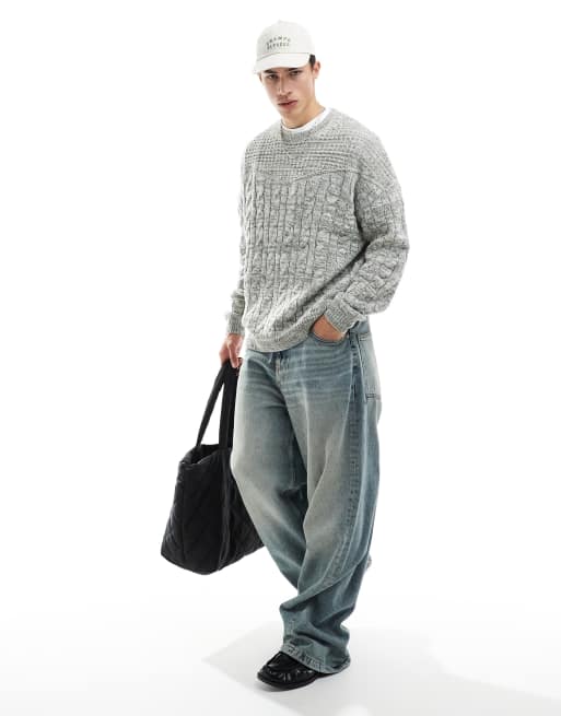 ASOS DESIGN knitted crew neck sweater with cable knit detail in khaki