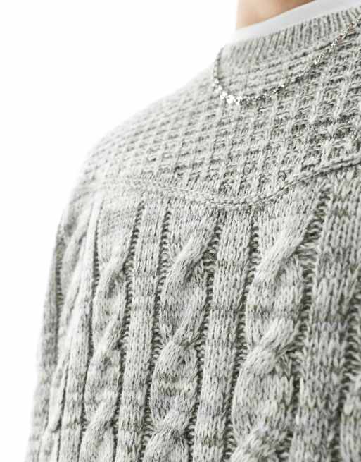 ASOS DESIGN knitted crew neck sweater with cable knit detail in khaki
