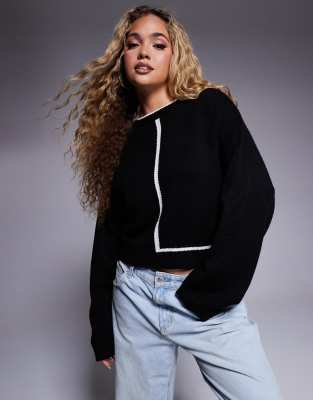 Asos Design Knitted Crew Neck Sweater With Contrast Tipping In Mono-black