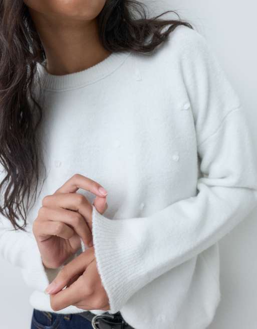 ASOS DESIGN knitted crew neck sweater with sequin detail in cream, 4 of 5